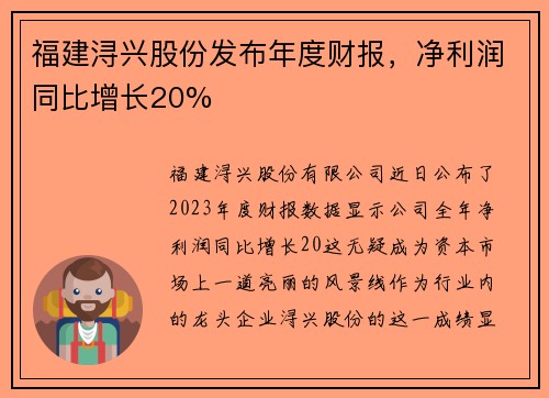 福建浔兴股份发布年度财报，净利润同比增长20%